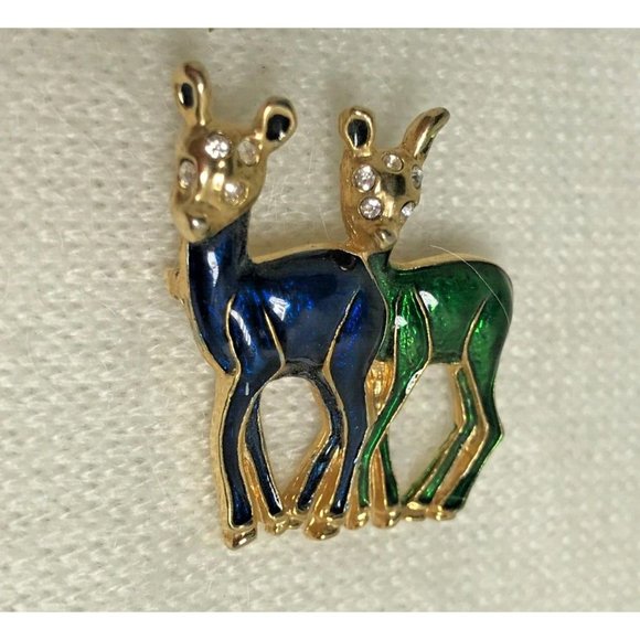 Blue & Green Enamel Deer Brooch with Gold Tone Accents - Vintage - 1 1/8" - Picture 2 of 6